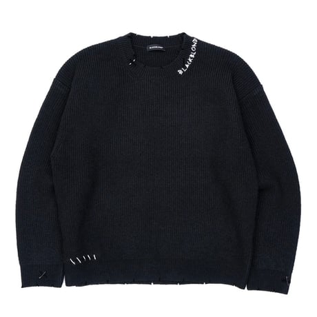 『BLACKBLOND』　hand-stitched logo ripped sweater (Black)