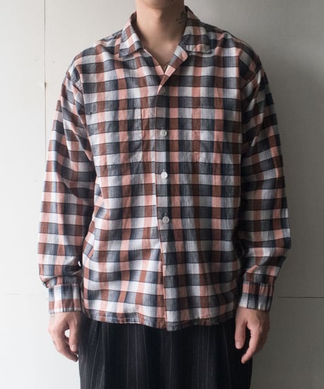 50-60's PILGRIM Open Collar Check Shirts L