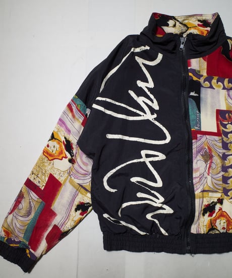 80's Artistic Patterned Zip-up Rayon Jacket M