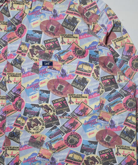 NOS Lee Luggage Travel Stickers All Over Patterned B/D Shirts M