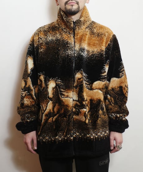 90's Black Mountain Animal Patterned Zip-up Fleece Jacket M