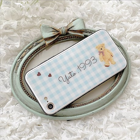 【ネーム入り】Gingham  Bear♡【強化ガラスケース】K16