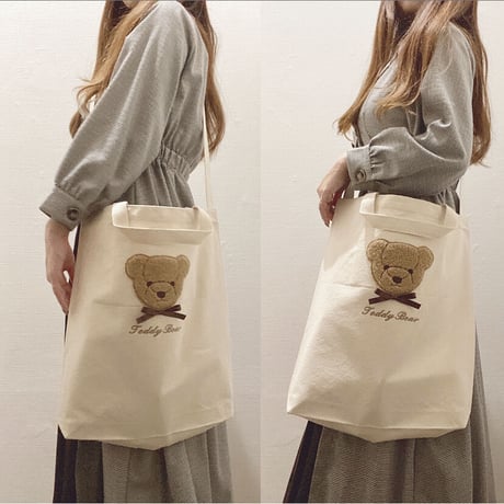 【ネーム入り】もこもこFaceテディベア 縦型2wayショルダートート♡