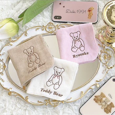 【ネーム入り】テディベア刺繍ハンカチ♡