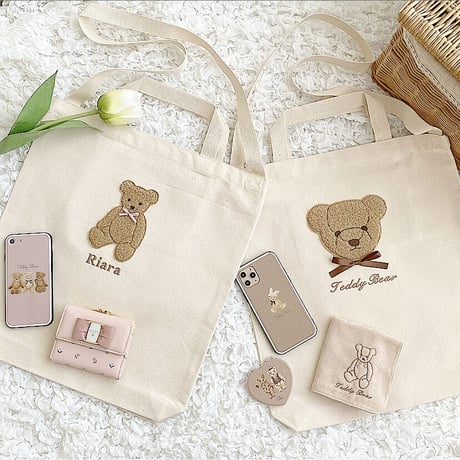 【ネーム入り】もこもこFaceテディベア 縦型2wayショルダートート♡