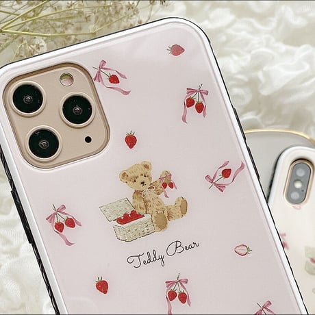 【ネーム入り】Ribbon Strawberry Bear♡【強化ガラスケース】K24