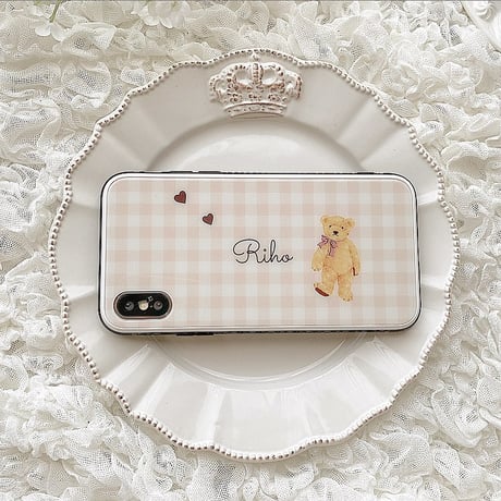 【ネーム入り】Gingham  Bear♡【強化ガラスケース】K16