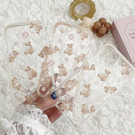 【ネーム入り】Flower Cushion Bear♡【耐衝撃クリアケース】B43