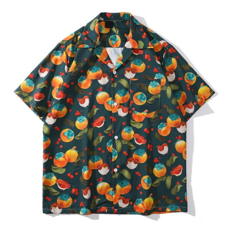 [柿とスズメ柄] 　半袖シャツ