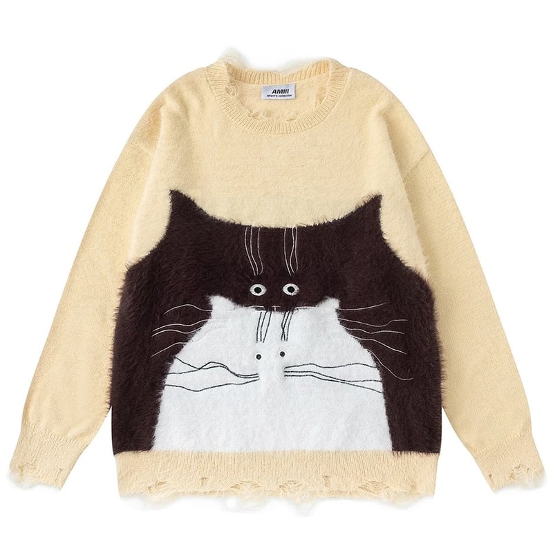Cocostore 猫柄 ニット セーターネコ耳 パーカー y2k 平成女儿 Deorart】 シャギーニット ネコ耳フードパーカー・シャギーパーカー