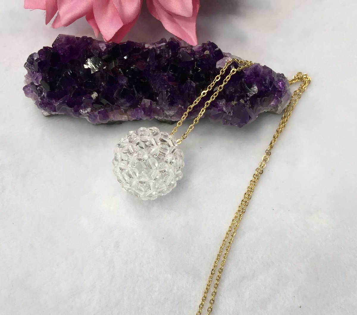 水晶バッキーボール（神聖幾何学フラーレン） ステンレス製チェーン