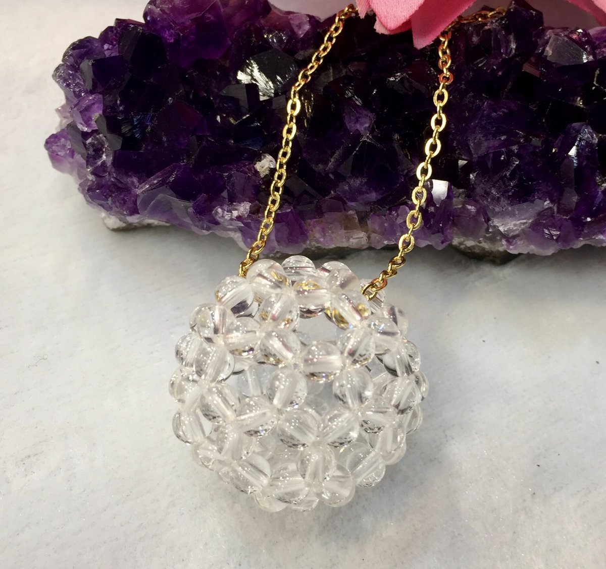 水晶バッキーボール（神聖幾何学フラーレン） ステンレス製チェーン