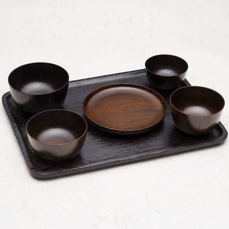 一汁三菜  欅(ケヤキ)材  小鉢（朱摺・黒摺 有）