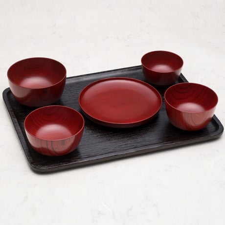 一汁三菜  欅(ケヤキ)材  小鉢（朱摺・黒摺 有）