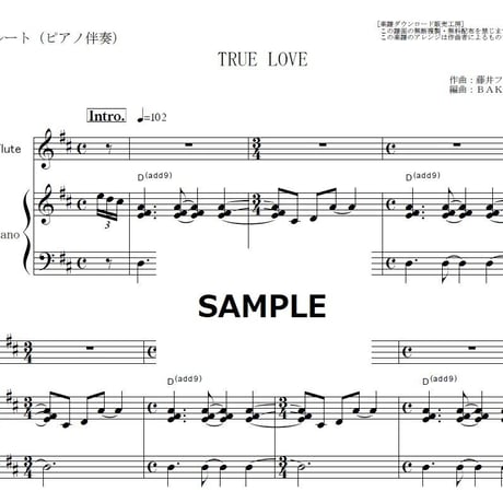 【フルート楽譜】TRUE LOVE（藤井フミヤ）「あすなろ白書」（フルートピアノ伴奏）