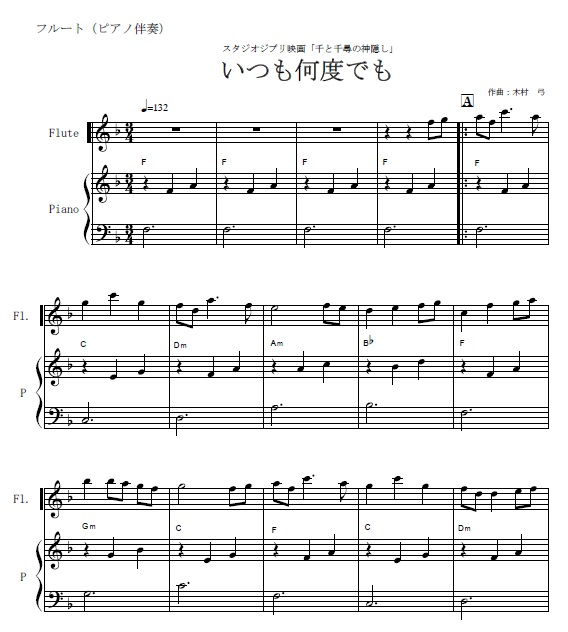 フルート曲まとめて　※ ピアノ伴奏譜のみ．フルート独奏譜は付いておりません． フルート楽譜】いつも何度でも～千と千尋の神隠し（フルートピアノ伴奏