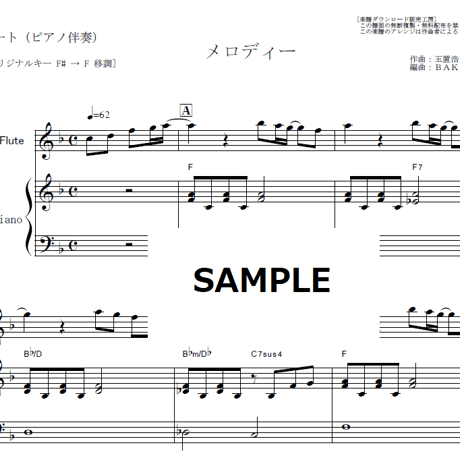 【フルート楽譜】メロディー（玉置浩二）（フルートピアノ伴奏）