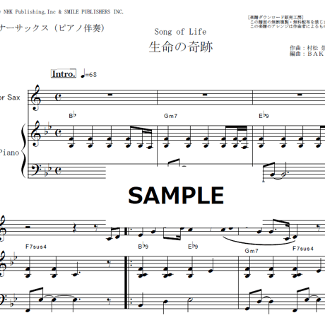 【テナーサックス楽譜】生命の奇跡[Song of Life]（リベラ）[Libera]「マドンナ・ヴェルデ」（テナーサックス・ピアノ伴奏）