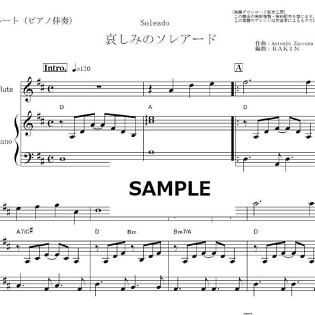【フルート楽譜】哀しみのソレアード[Soleado]（フルートピアノ伴奏）