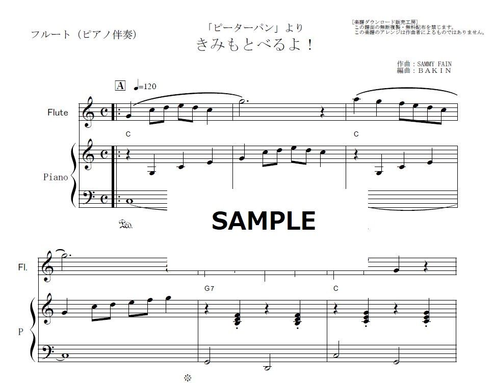 フルート曲まとめて　※ ピアノ伴奏譜のみ．フルート独奏譜は付いておりません． フルート楽譜】きみもとべるよ！「ピーターパン」（フルートピアノ伴奏