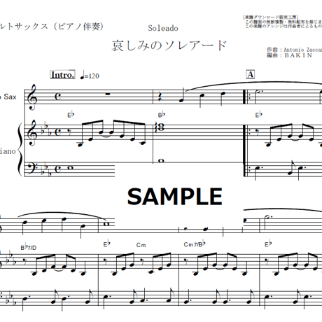 【アルトサックス楽譜】哀しみのソレアード[Soleado]（アルトサックス・ピアノ伴奏）