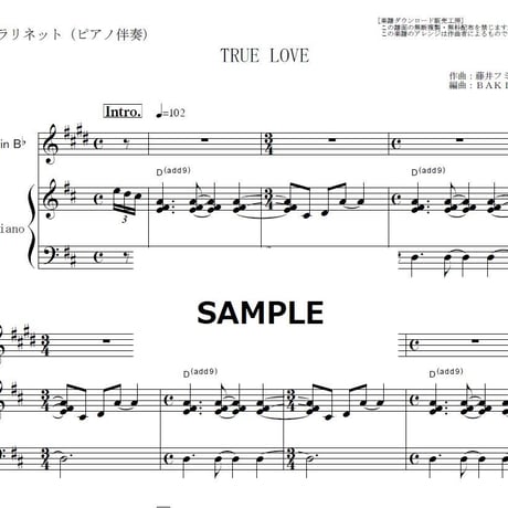 【クラリネット楽譜】TRUE LOVE（藤井フミヤ）「あすなろ白書」（クラリネット・ピアノ伴奏）