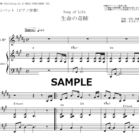 【トランペット楽譜】生命の奇跡[Song of Life]（リベラ）[Libera]「マドンナ・ヴェルデ」（トランペット・ピアノ伴奏）