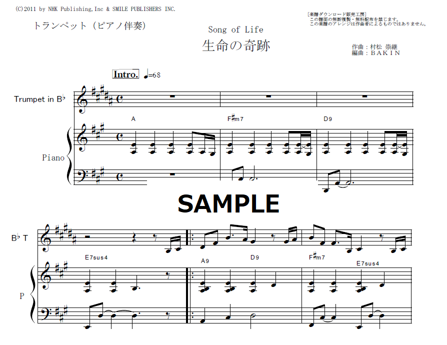 トランペット楽譜】生命の奇跡[Song of Life]（リベラ）[Libera