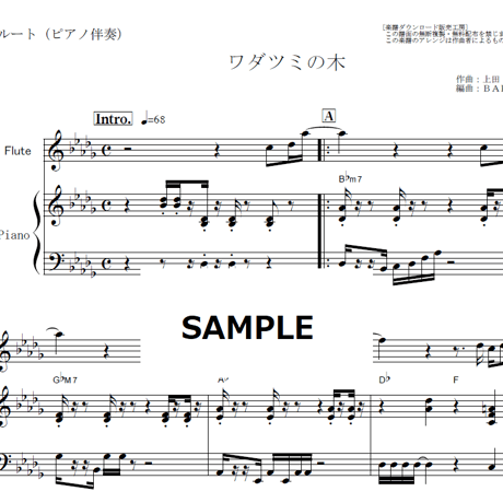 【フルート楽譜】ワダツミの木（元ちとせ）（フルートピアノ伴奏）
