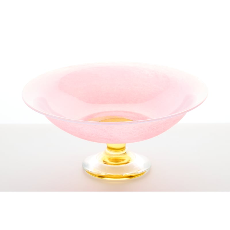 骨董 時代ガラス 希少3色 ピンク色暈し フリル 盃洗 コンポート