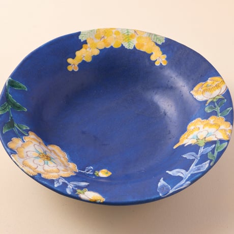 稲積佳谷　九谷焼　黄色唐花紋　浅鉢　青
