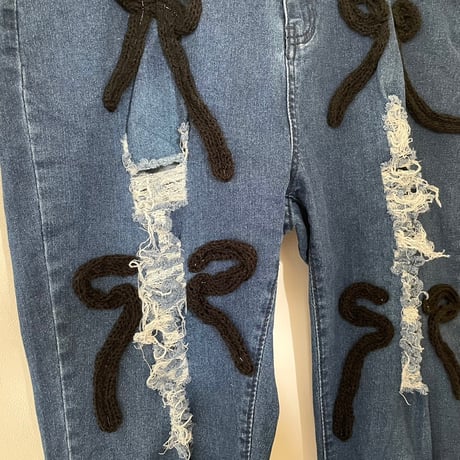 printed knit/denim pants