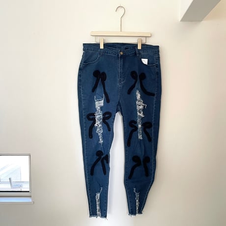 printed knit/denim pants