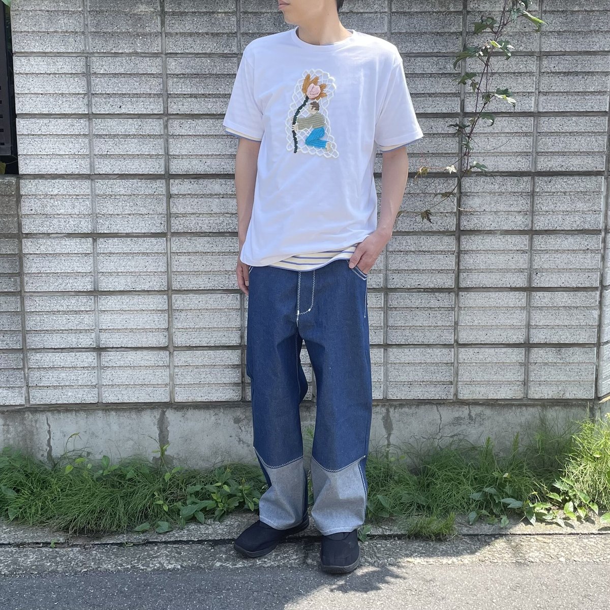 osakentaro ジグザグステッチパンツ osakentaro/ジグザグステッチのデニムパンツ ブラック×ホワイト