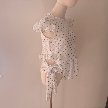 ラスト1☆Polka dot print frilled tops/white