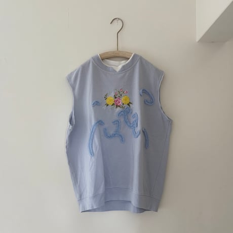 printed knit/スウェットベスト　水色