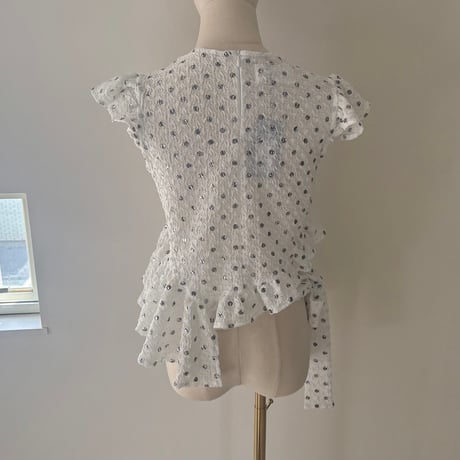 ラスト1☆Polka dot print frilled tops/white