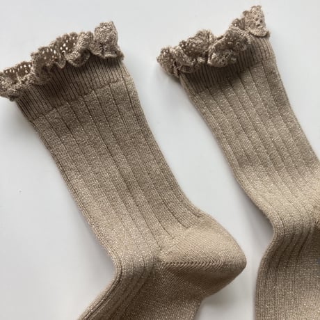 【Collegien】6062  Victorine - Glitter Ribbed Crew Socks with Lace Trim