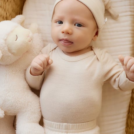 【 Jamie kay 】 JBLG259038  MERINO KIDSプレミアムギフト4点セット＜ボディスーツ&ビーニー&ソックス&Penelope30cm＞  BEG