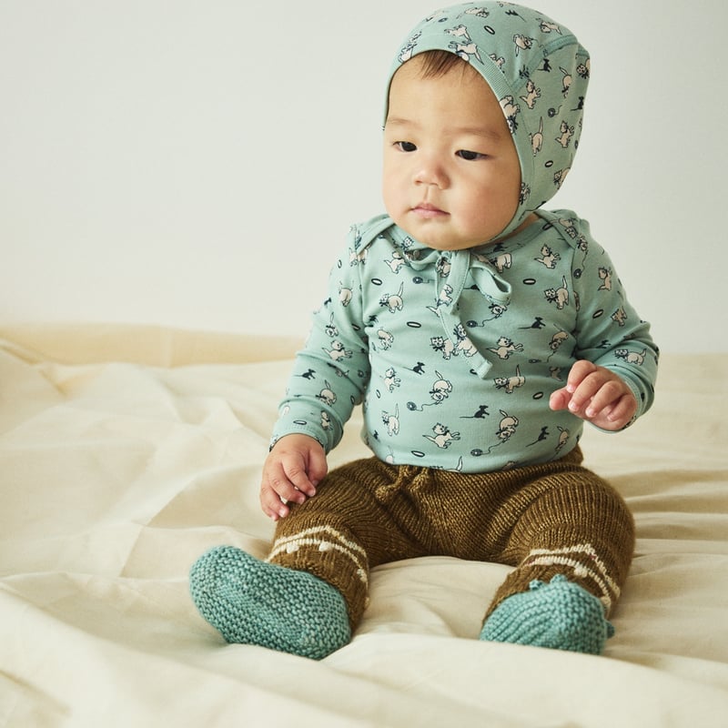 Misha&Puff】Baby Pima Bonnet (Sage Cat & Mouse)