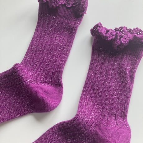 【Collegien】6062  Victorine - Glitter Ribbed Crew Socks with Lace Trim