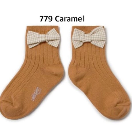 【 Collegien 】3462 Colette -  Ribbed ankle Socks with Gingham bow