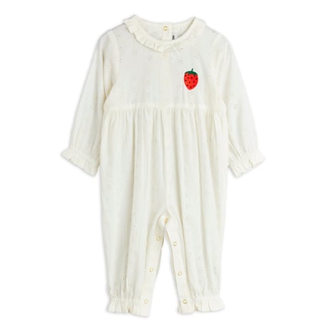 【 MINI RODINI 】Strawberry emb schiffli jumpsuit　68/74