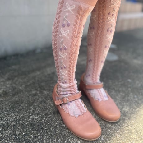 【 Collegien 】Cerise - Jacquard Cherries and Bows Knee-high Socks