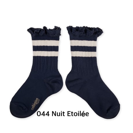 【collegien】8471  Nicole- Ribbed Varsity Crew Socks with Lace Trim