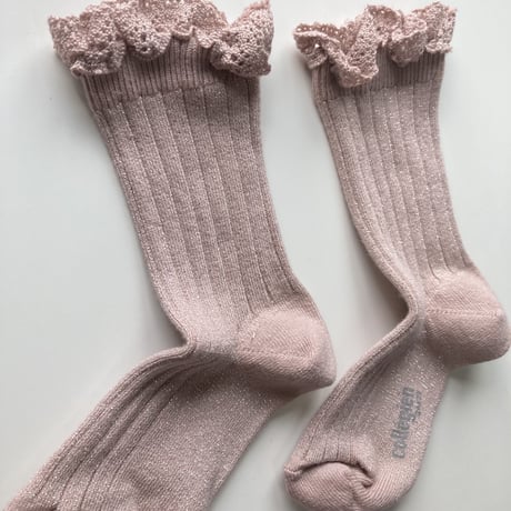 【Collegien】6062  Victorine - Glitter Ribbed Crew Socks with Lace Trim
