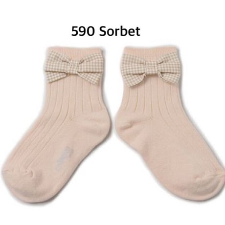 【 Collegien 】3462 Colette -  Ribbed ankle Socks with Gingham bow