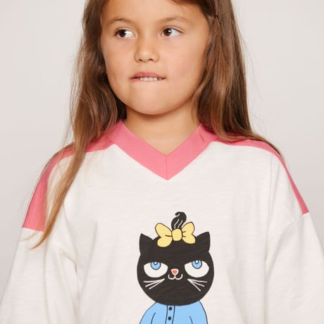 【 MINI RODINI 】Cat v neck sp ss tee -Pink