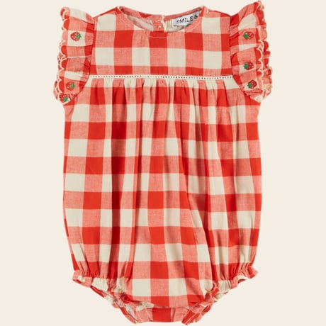 【Emile et Ida】 STRAWBERRY EMBROIDERED ROMPER - VICHY ROUGE