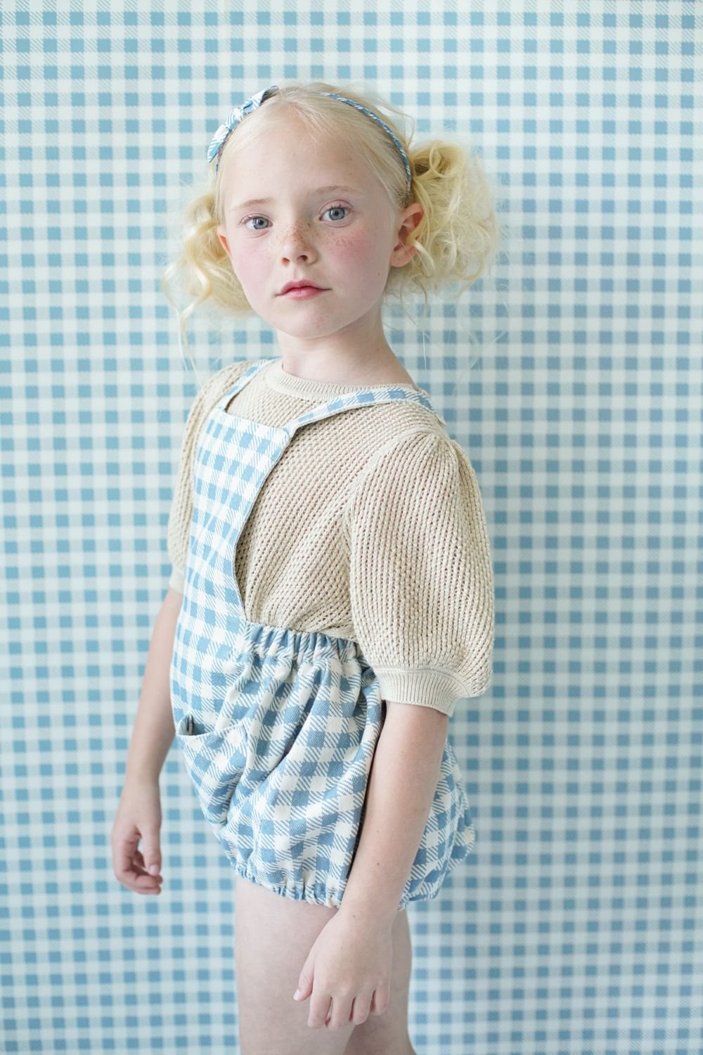 ロンパース・カバーオール SOOR PLOOM Oona romper 2y SOOR PLOOM 】 OONA ROMPER, GINGHAM PRINT, AZUL